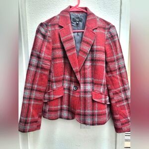 Talbots wool red, black and gray plaid blazer